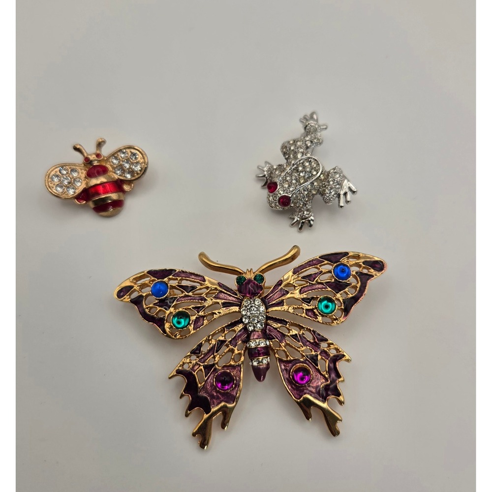 Lot Of 3 Enamel & Rhinestone Pins: Butterfly, Lady Bug, And Frog. Cute As A Bug